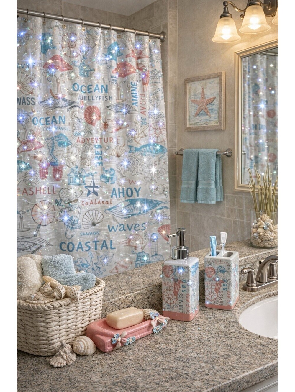 Handmade Coastal Bathroom Accessories Set w/ Rhinestones